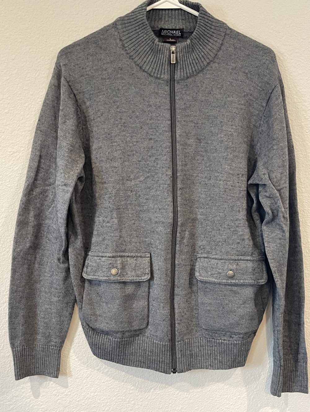 Michael Kors Mens Grey Knit Cargo Utility Pocket Full Zip Sweater‎ Size Large